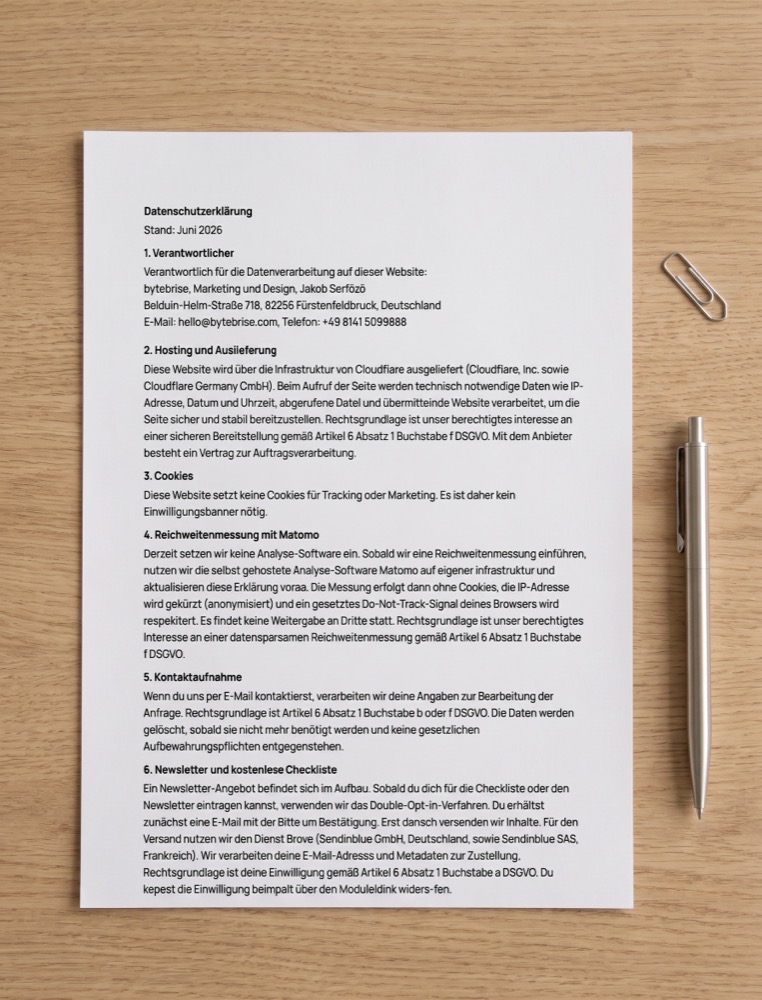 Ausgedruckte Datenschutzerklärung auf einem Holztisch