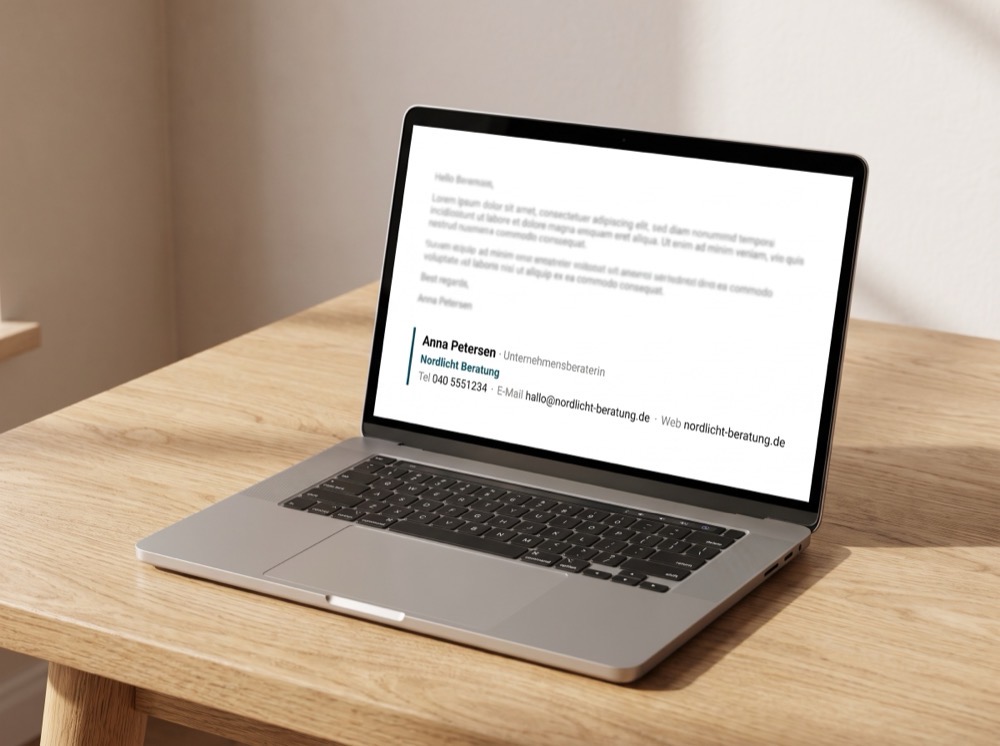 Laptop zeigt eine fertige E-Mail-Signatur mit Logo