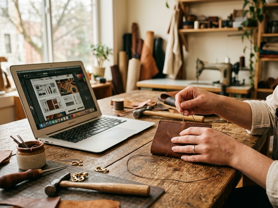 Lederhandwerkerin arbeitet an ihrer Werkbank, daneben ein Laptop mit ihrer Website