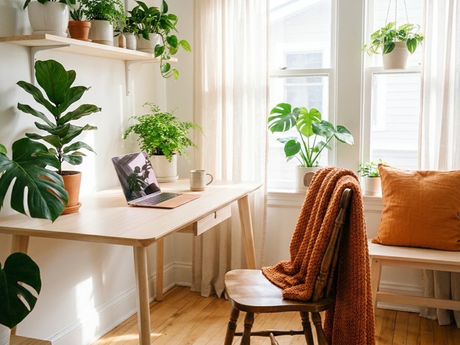 Sonniges Arbeitszimmer mit Laptop, vielen Pflanzen und orangem Kissen