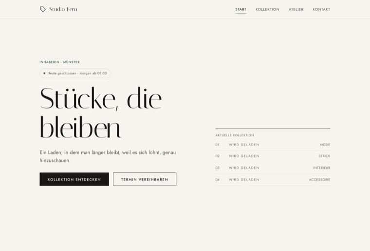 Design boutique-edit: editorial, reduziert, feine Serifen