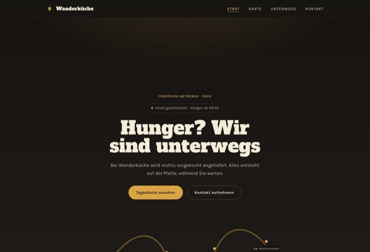 Design genuss-mobil: dunkel, warm, kräftige Schrift