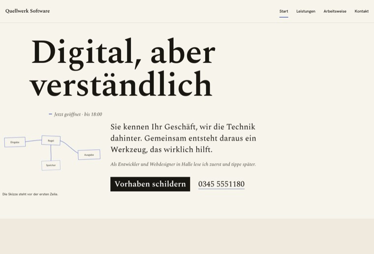 Design quell-text: Papierweiß und Elektroblau, gezeichnete Systemskizze im Hero