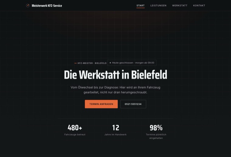 Design werkstatt-fokus: dunkel, technisch, orange Akzent