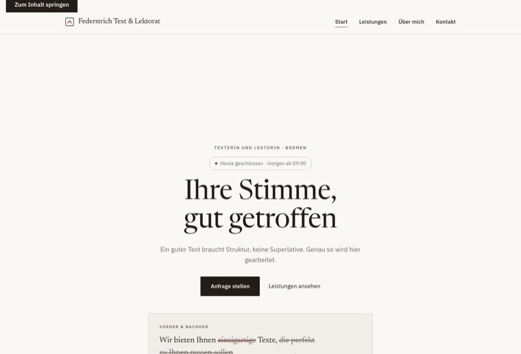 Design wort-stark: editorial, ruhig, mit Lektorats-Detail