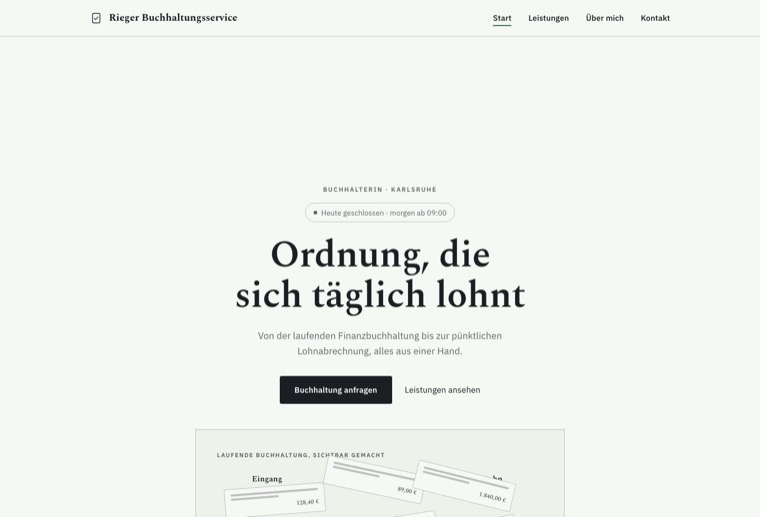 Design zahl-klar: Kontopapier, Kontogrün, sortierende Belege im Hero