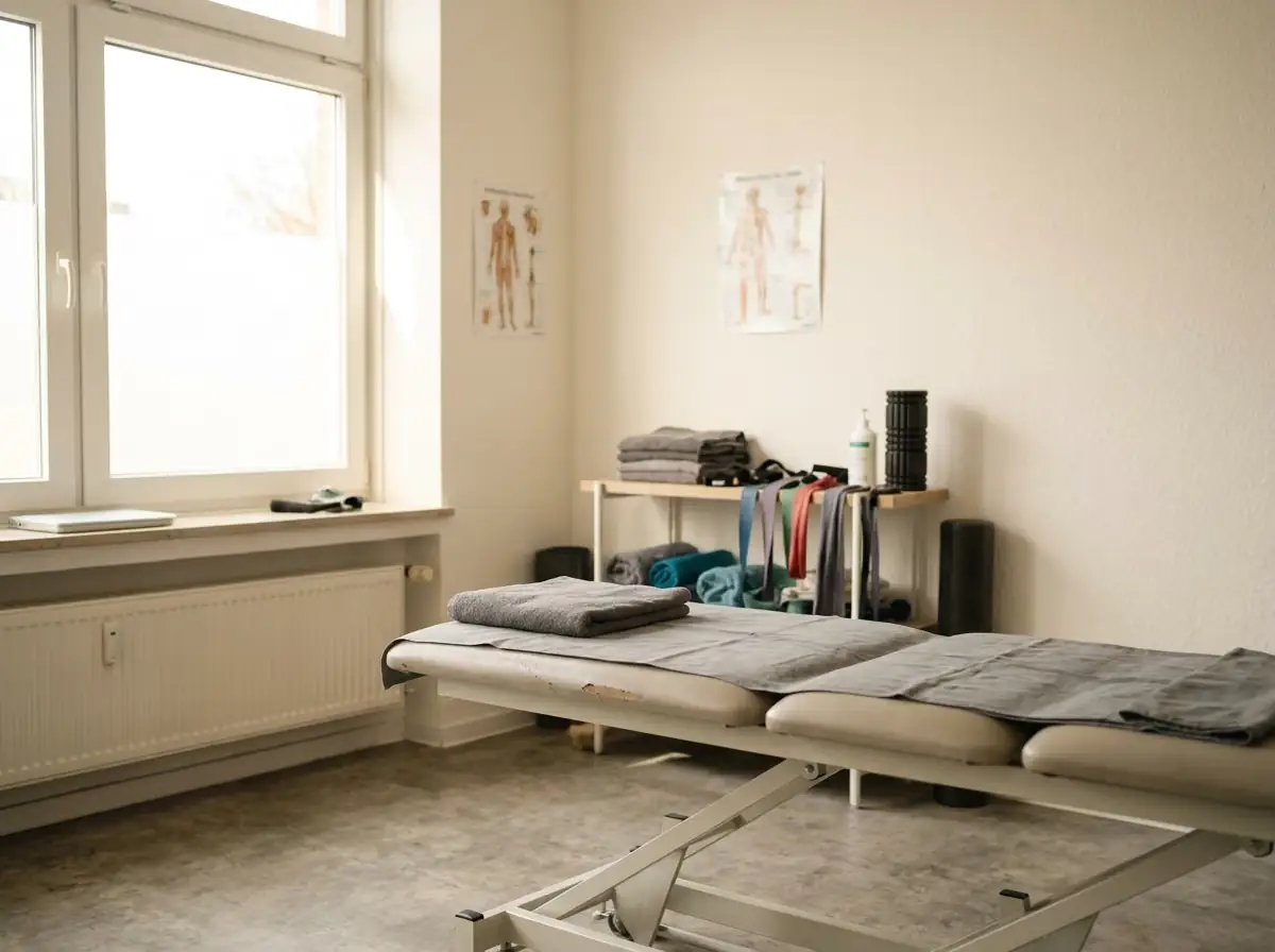 Behandlungsraum mit Liege und Fenster, leer