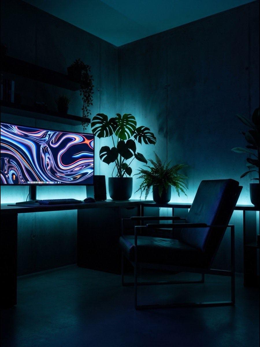 Ruhige Studioecke mit Monitor und Pflanzen