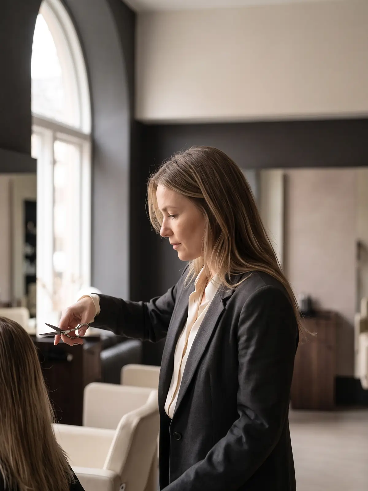 Marie Weiss im Profil, mit der Friseurschere in der Hand
