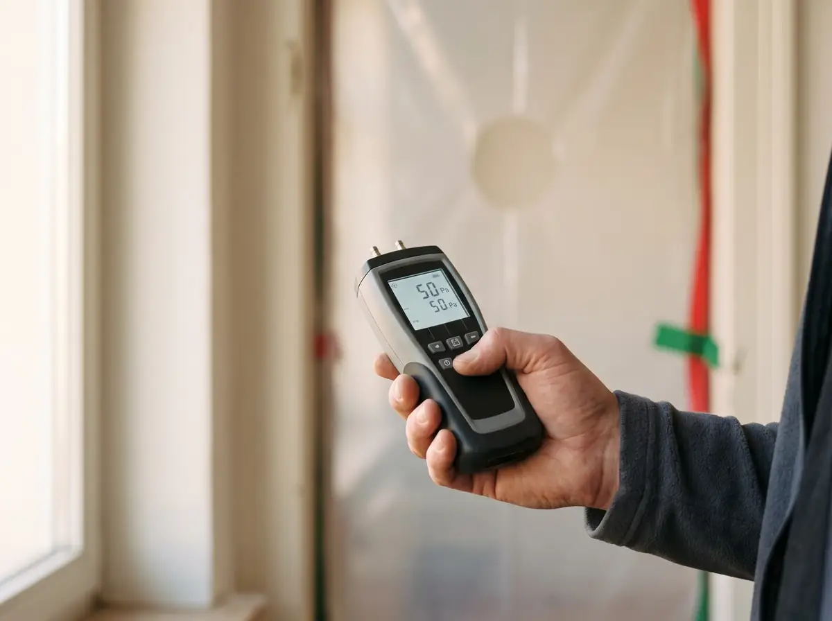 Blower-Door-Manometer bei der Messung an einer Türzarge