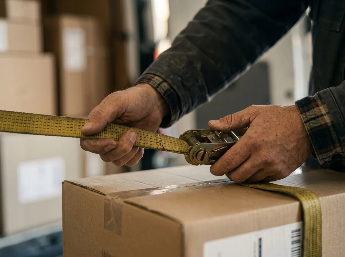 Ladungssicherung mit Spanngurt auf einem Paket im Laderaum