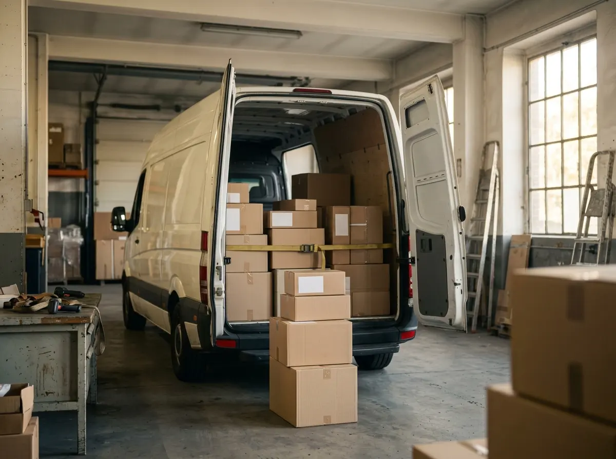 Beladener Transporter mit geöffneten Türen in der Fahrzeughalle