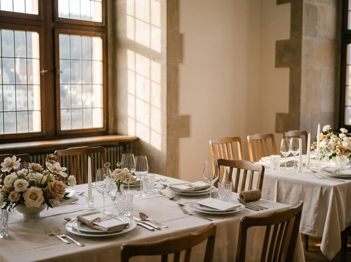 Eingedeckte Festtafel mit Blumengestecken in einem lichtdurchfluteten Saal