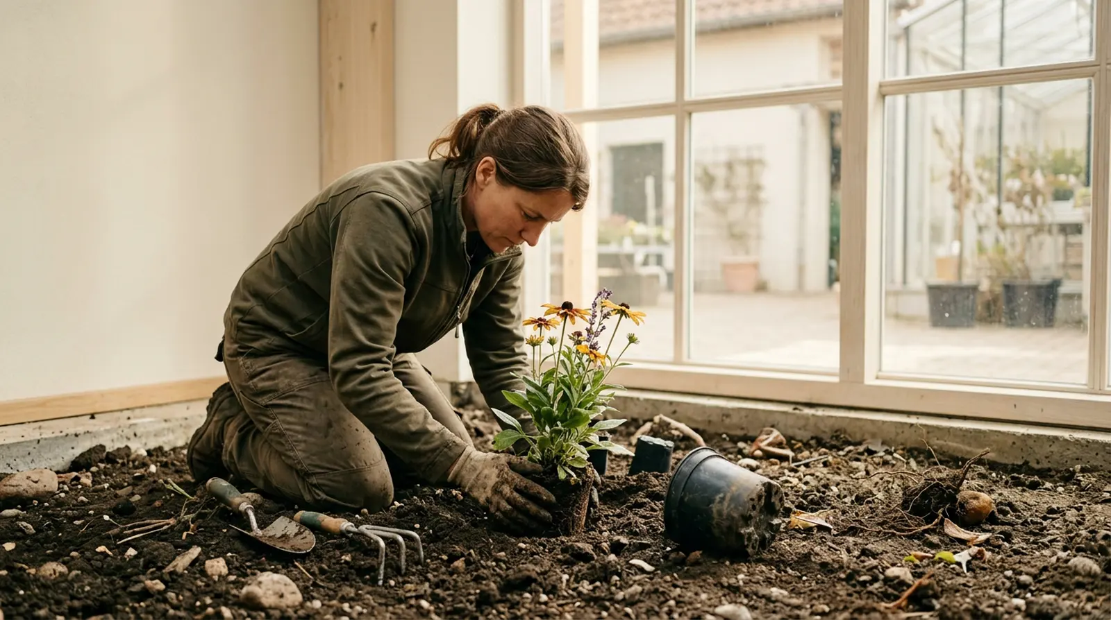 Garten- und Landschaftsbauer setzt eine Staude in ein vorbereitetes Beet