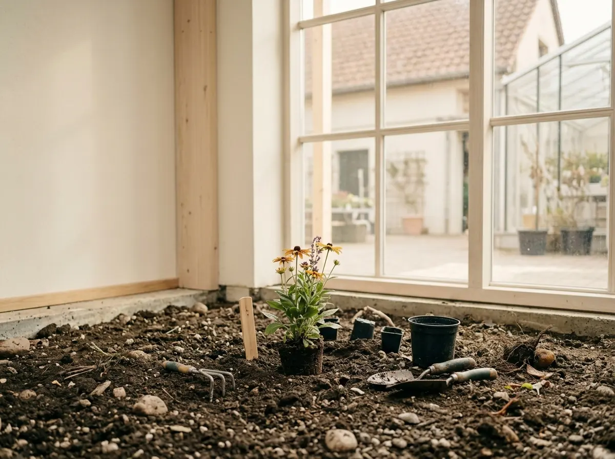 Vorbereitetes Pflanzbeet mit Setzlingen und Gartenwerkzeug vor einer Fensterfront