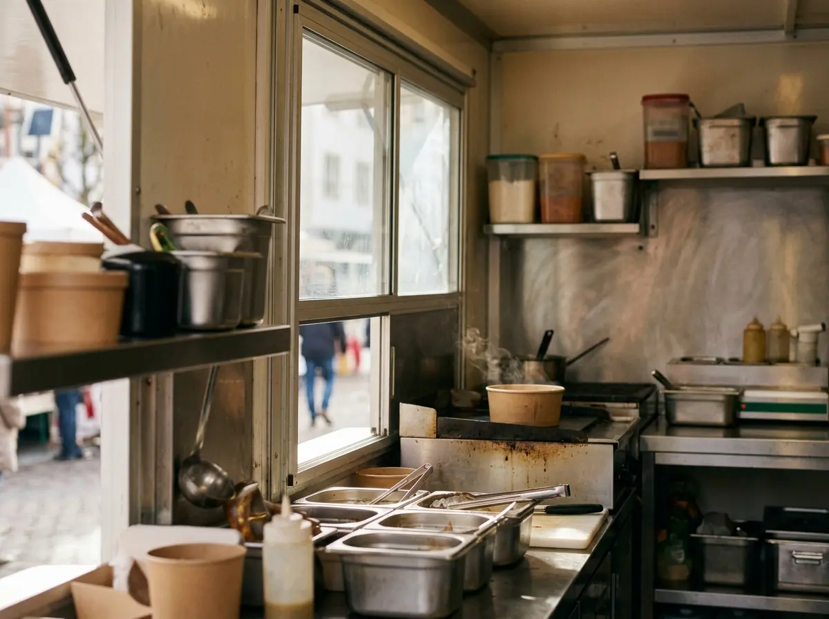 Blick in die Küchenzeile des Foodtrucks mit Gewürzen und Verkaufsfenster