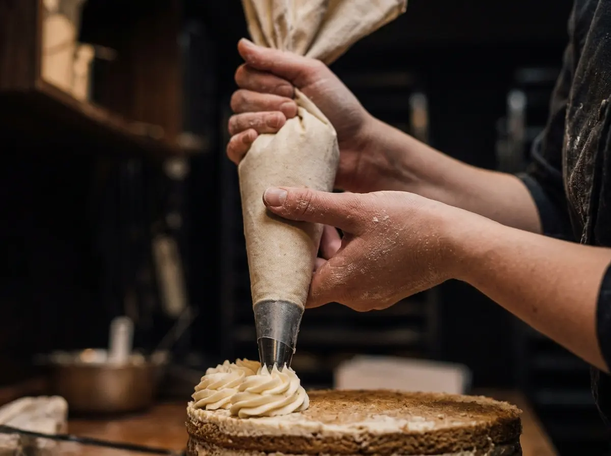 Hände verzieren eine Torte von Hand mit dem Spritzbeutel