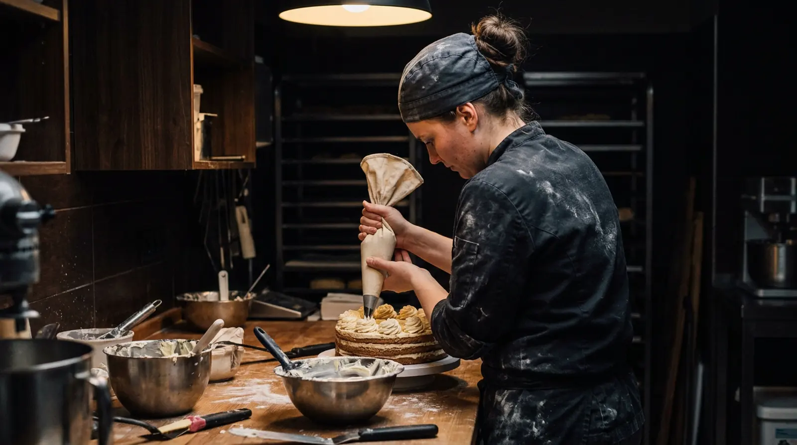 Konditormeisterin verziert eine Torte mit dem Spritzbeutel in der Backstube