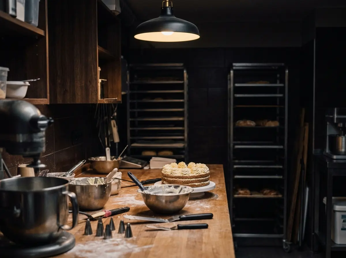 Arbeitstisch der Backstube mit fertiger Torte, Rührschüsseln und Backblechen im Hintergrund