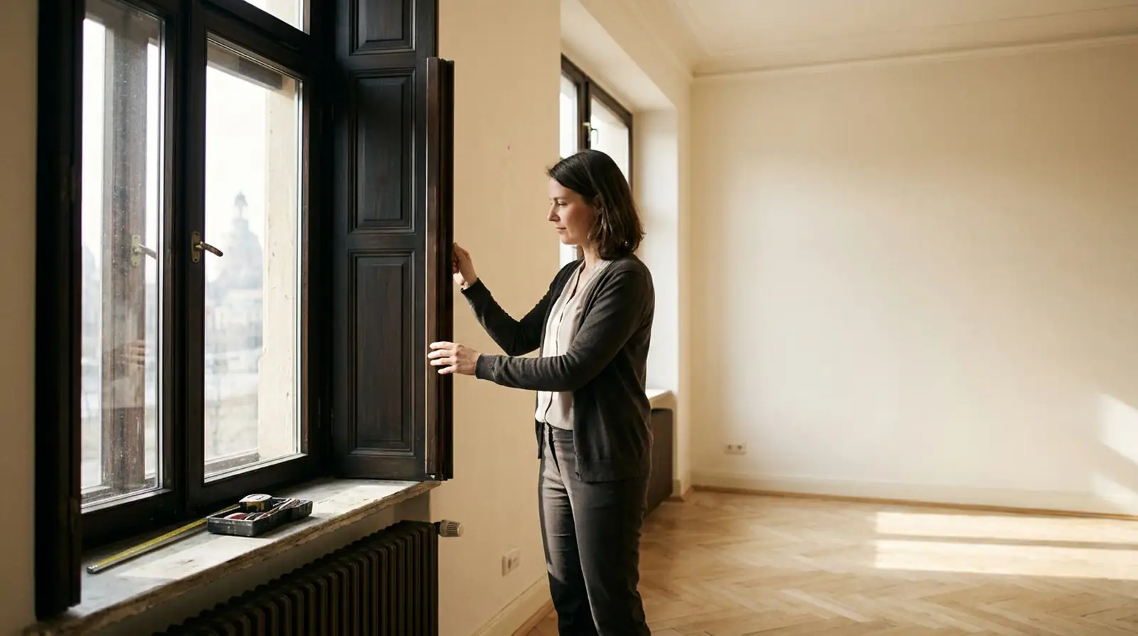 Eine Frau öffnet den dunklen Innenladen eines hohen Altbaufensters, dahinter ein leerer Raum mit Fischgrätparkett.
