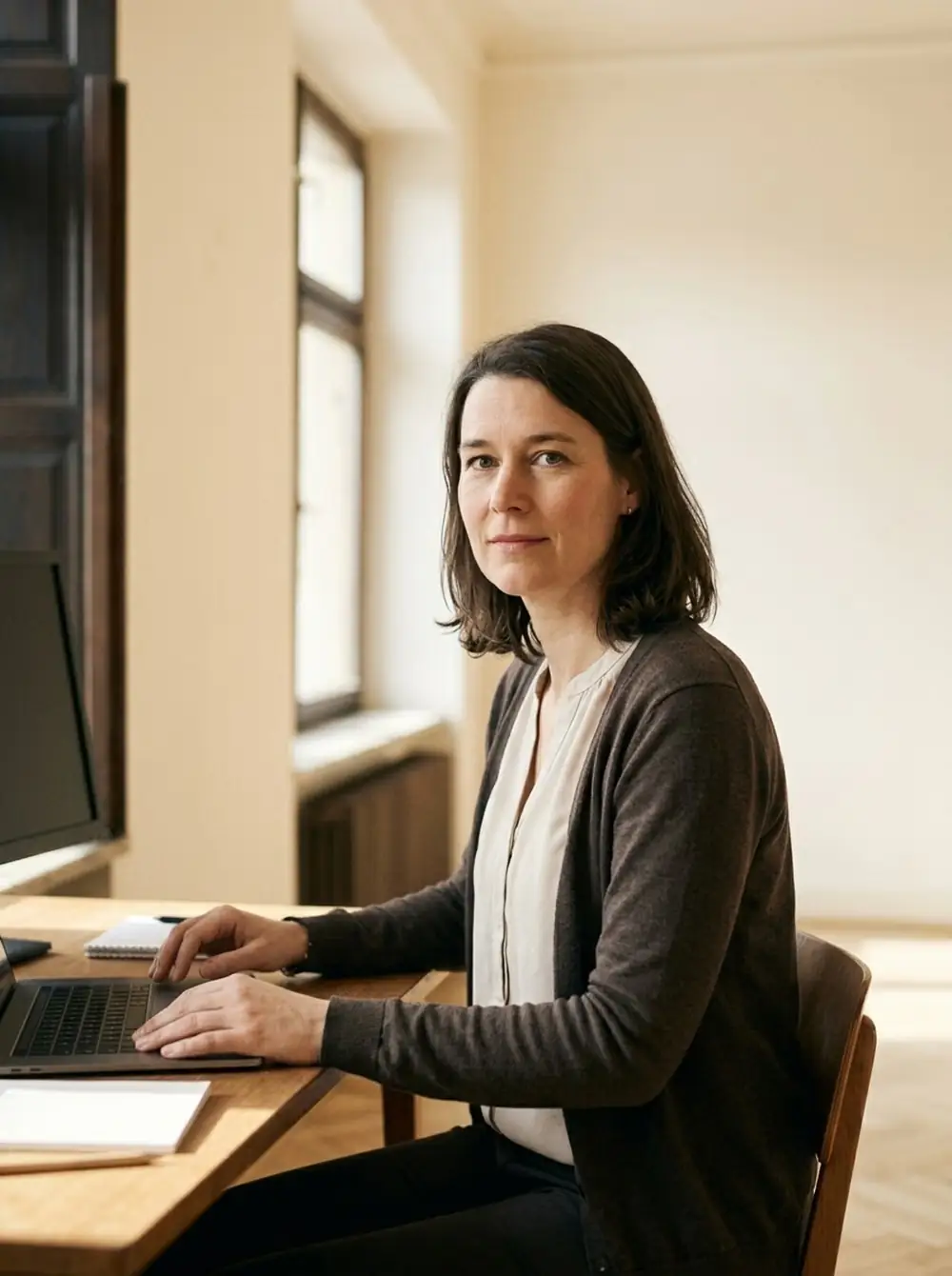 Eine Frau sitzt an einem Schreibtisch am Fenster, vor sich ein aufgeklappter Rechner und ein Block.