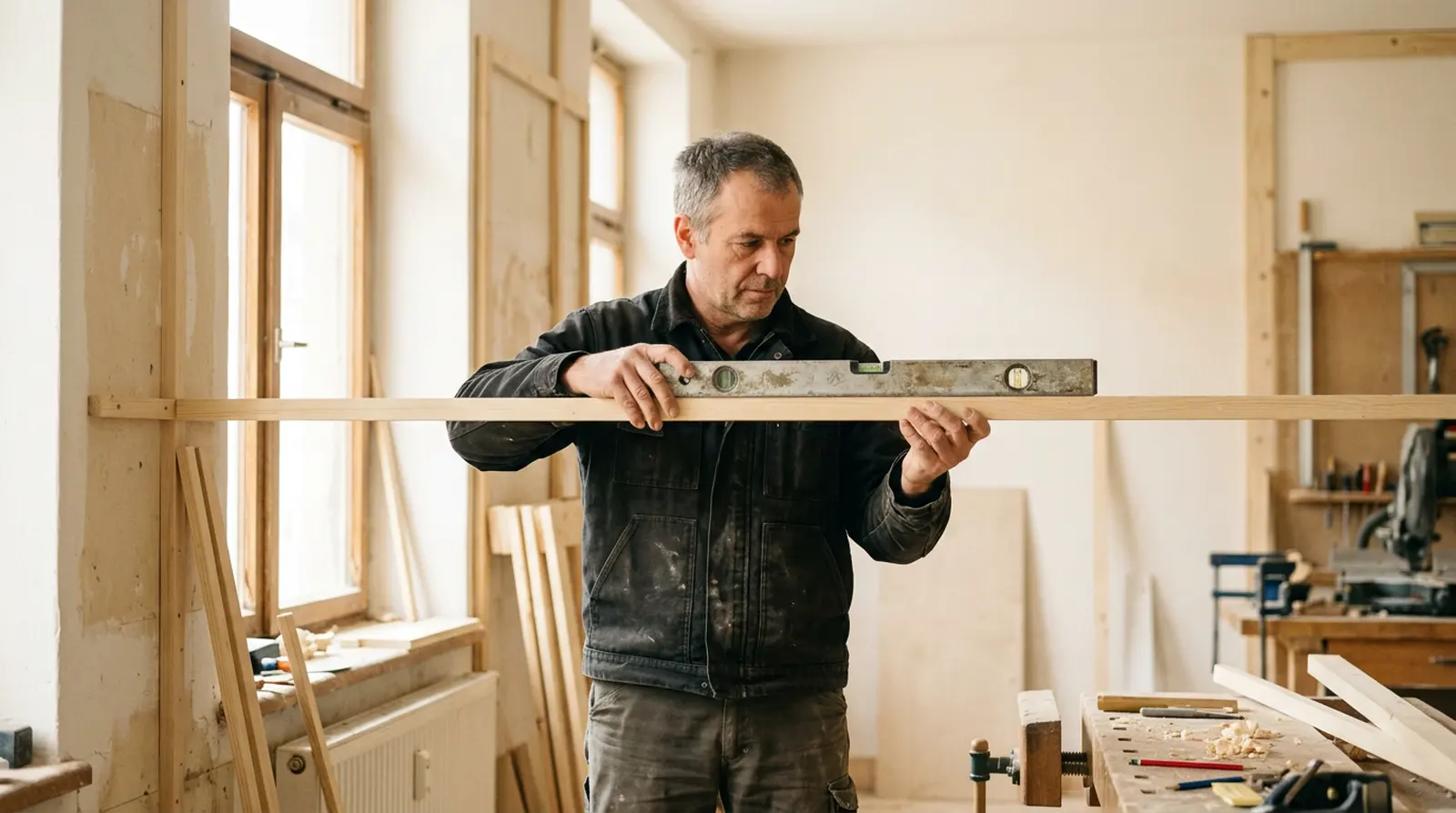 Handwerksmeister prüft ein Kantholz mit der Wasserwaage
