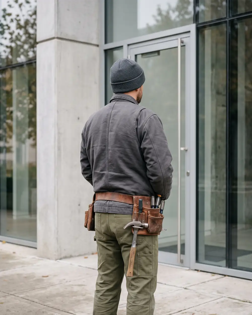 Thomas Wagner, Hausmeister, mit Werkzeugtasche am Objekteingang