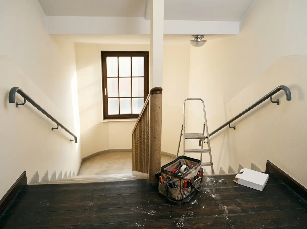 Treppenhaus mit bereitgestelltem Werkzeug und Trittleiter während einer Reparatur