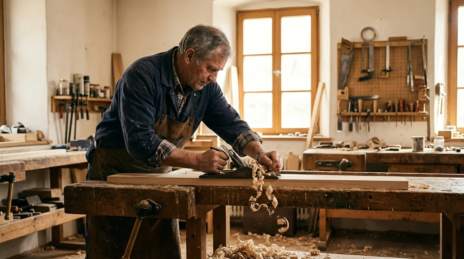 Schreinermeister hobelt ein Holzstück an der Werkbank