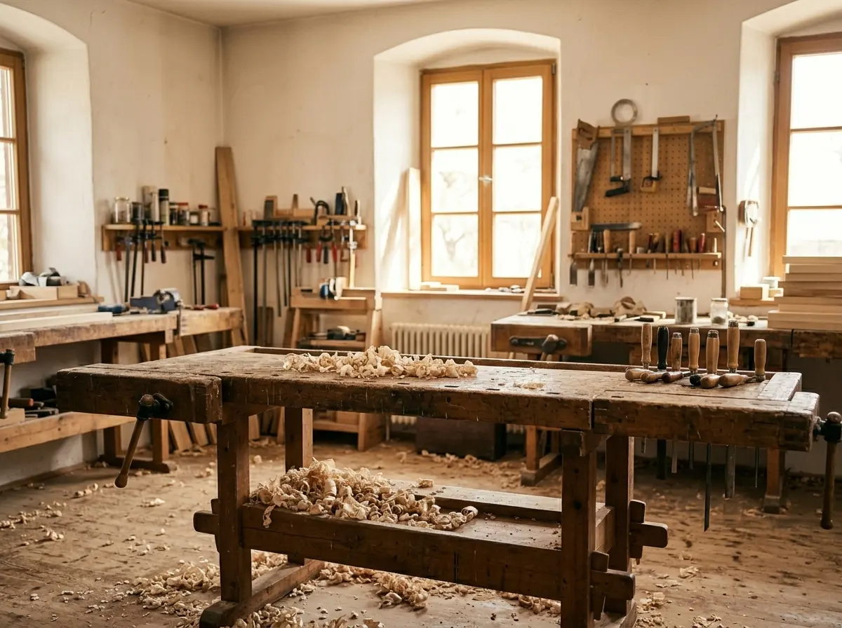 Werkstatt mit Hobelbank, Spannwerkzeug und Handwerkzeug an der Wand