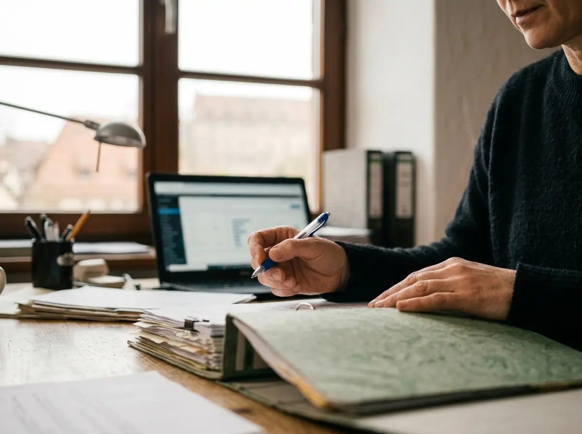 Nahaufnahme von Unterlagen und Arbeitsmaterial am Schreibtisch