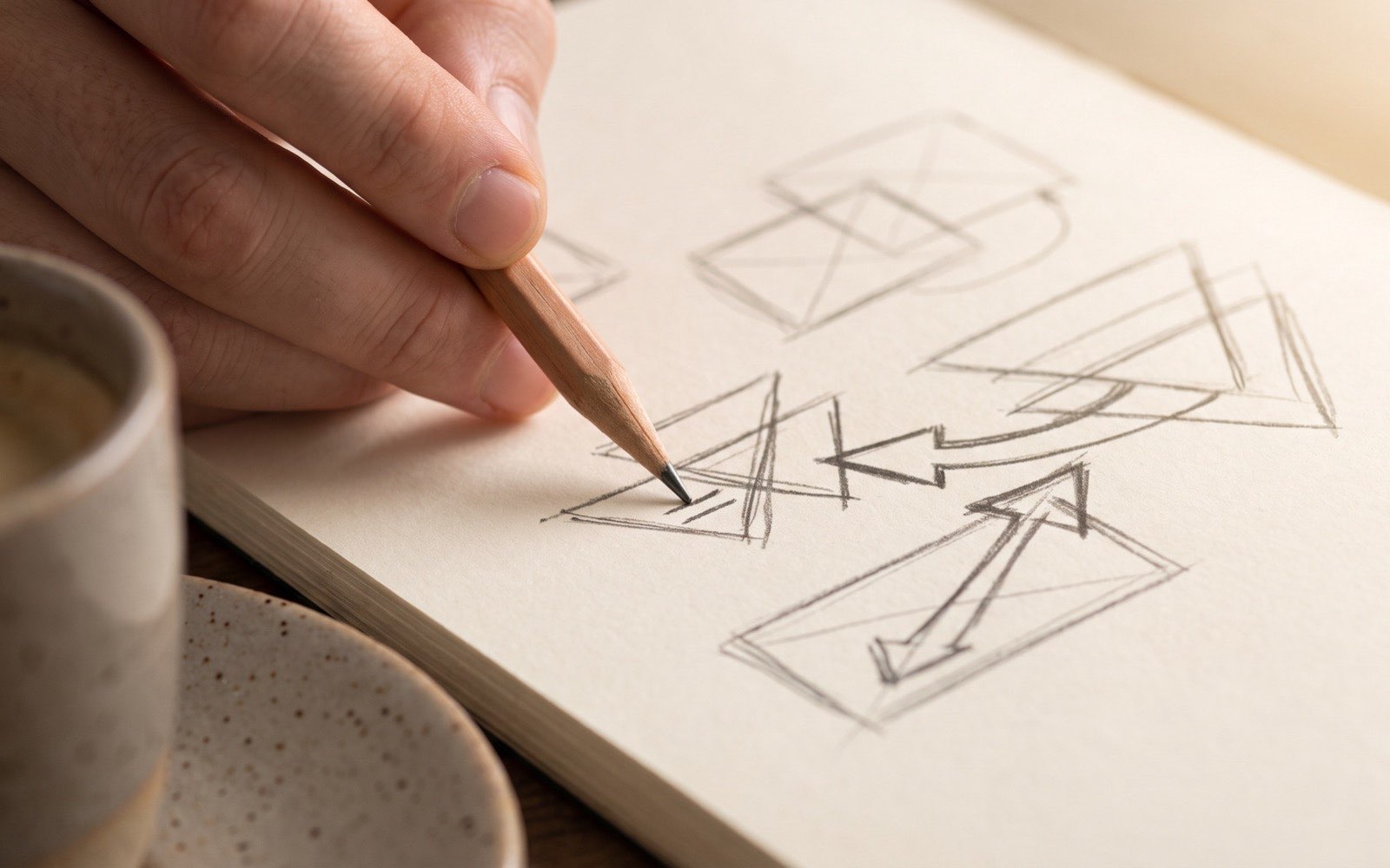Hand mit Stift über Skizzenpapier