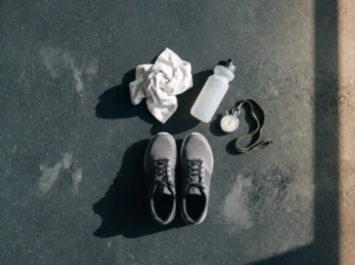 Handtuch, Wasserflasche und eine mechanische Stoppuhr auf dem Boden neben abgestellten Trainingsschuhen