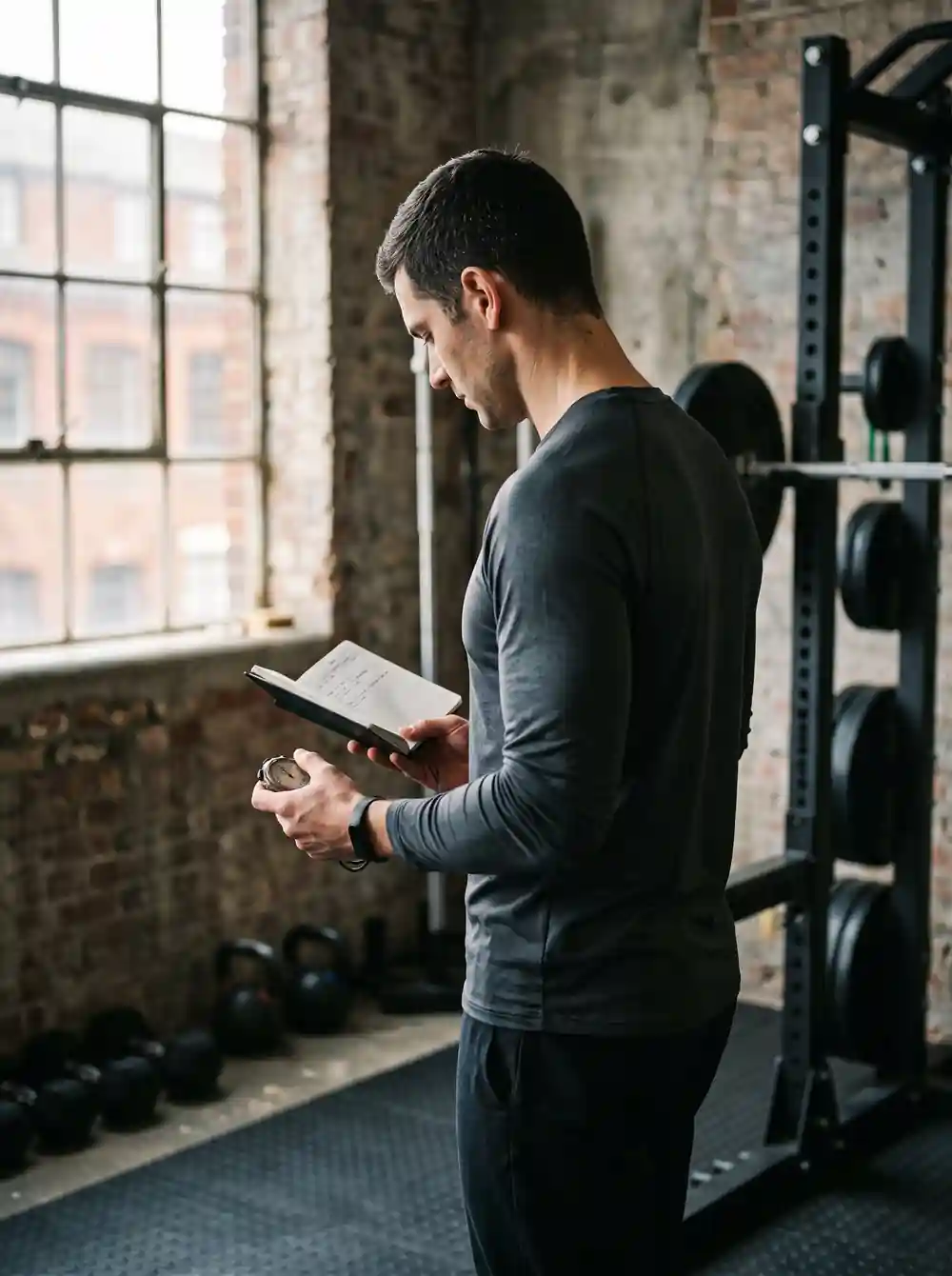 Person im Trainingsraum, seitlich zur Kamera, den Blick auf ein Notizbuch gerichtet