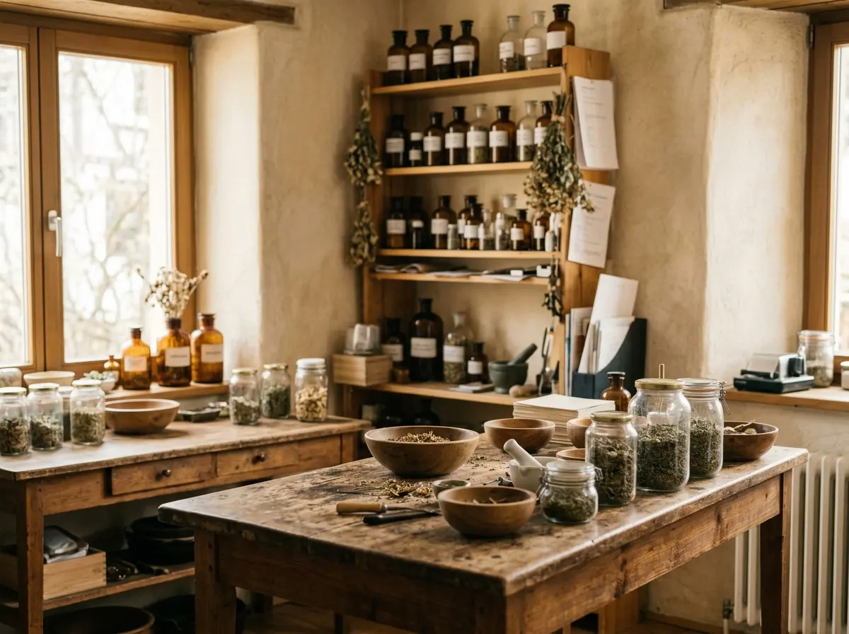 Arbeitsraum mit Regalen und Glasgefäßen, in Tageslicht