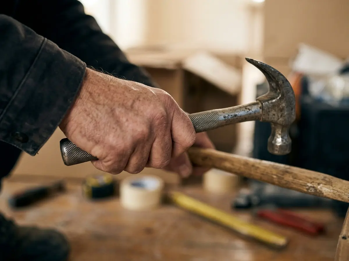Nahaufnahme von Hand und Hammer bei der Arbeit