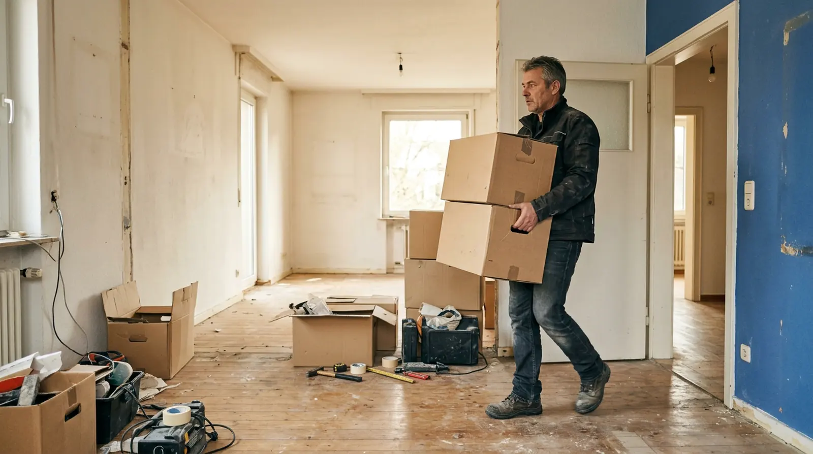 Umzugskartons werden durch eine bereits geräumte Wohnung getragen