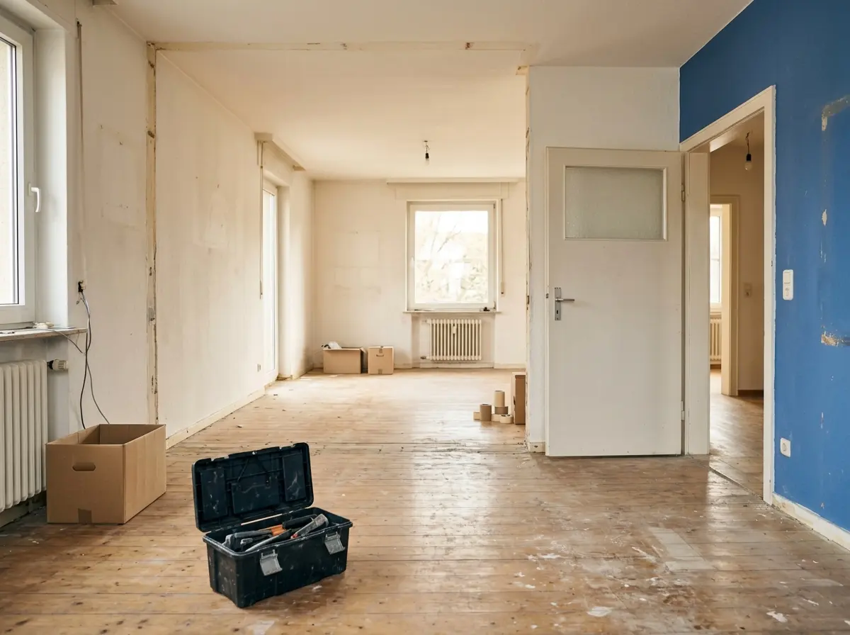 Bereits geräumtes Zimmer mit Werkzeugkiste und letzten Kartons