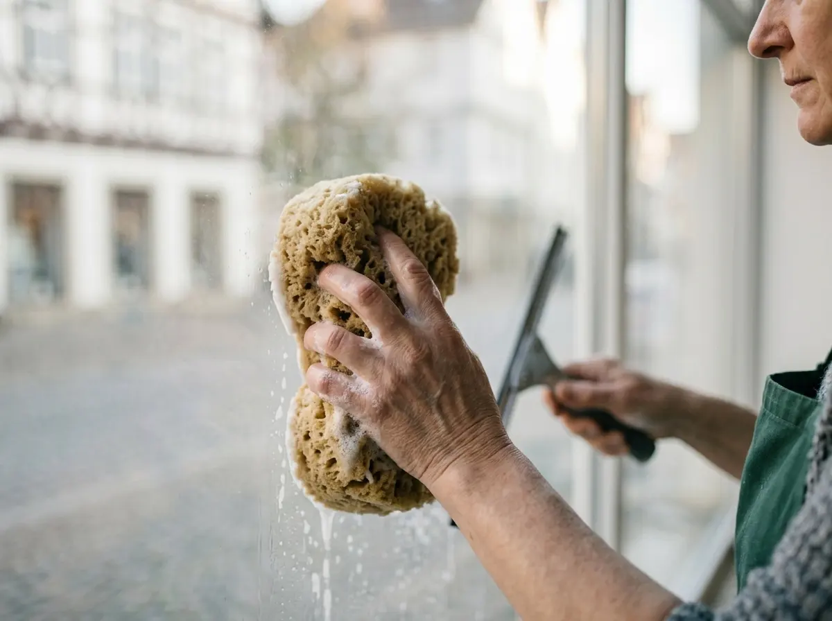 Nahaufnahme beim Reinigen einer Fensterscheibe mit Schwamm und Abzieher