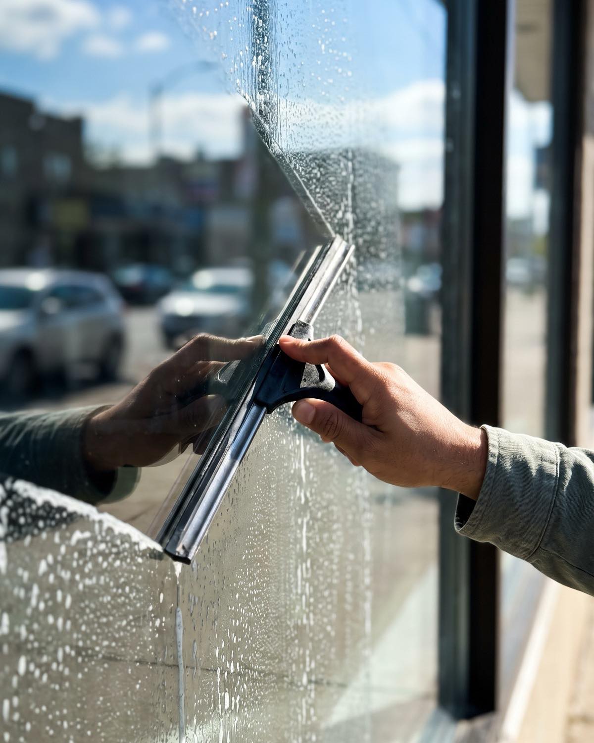 Fensterfront während der Reinigung