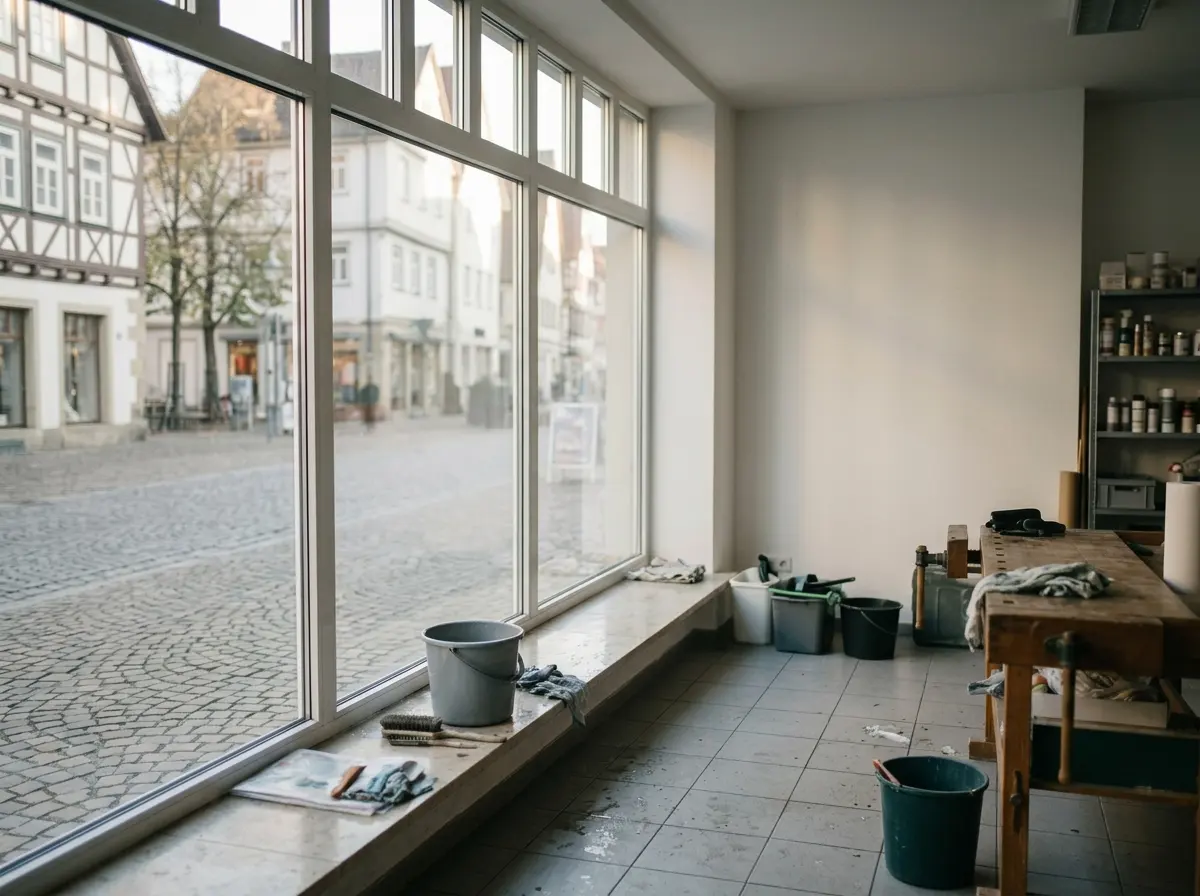 Leerer Arbeitsraum mit Eimern, Tüchern und Fensterfront nach der Reinigung