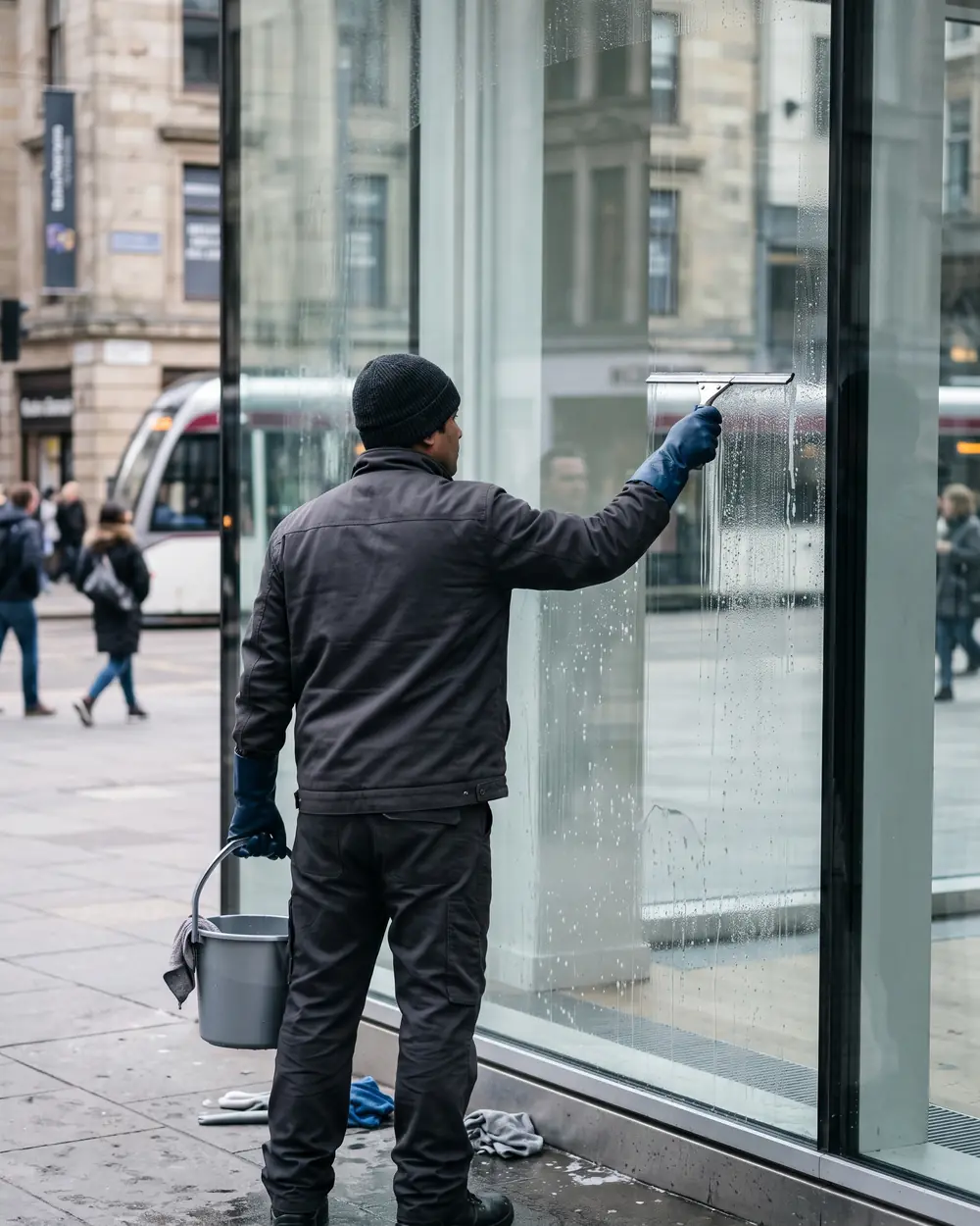 Person mit Handschuhen an einer Glasfront, von hinten