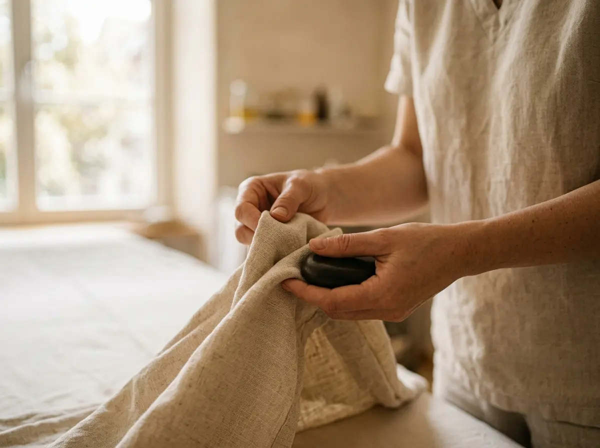 Hände falten Leinentuch um einen warmen Massagestein