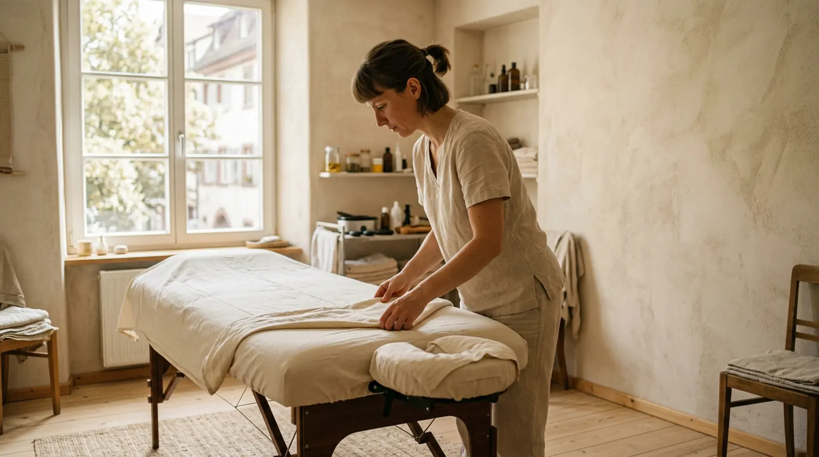 Massagetherapeutin bereitet die Liege mit frischem Leinen vor