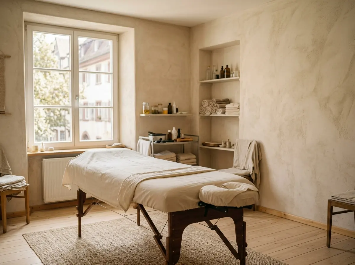 Leerer Behandlungsraum mit Liege und Fensterlicht