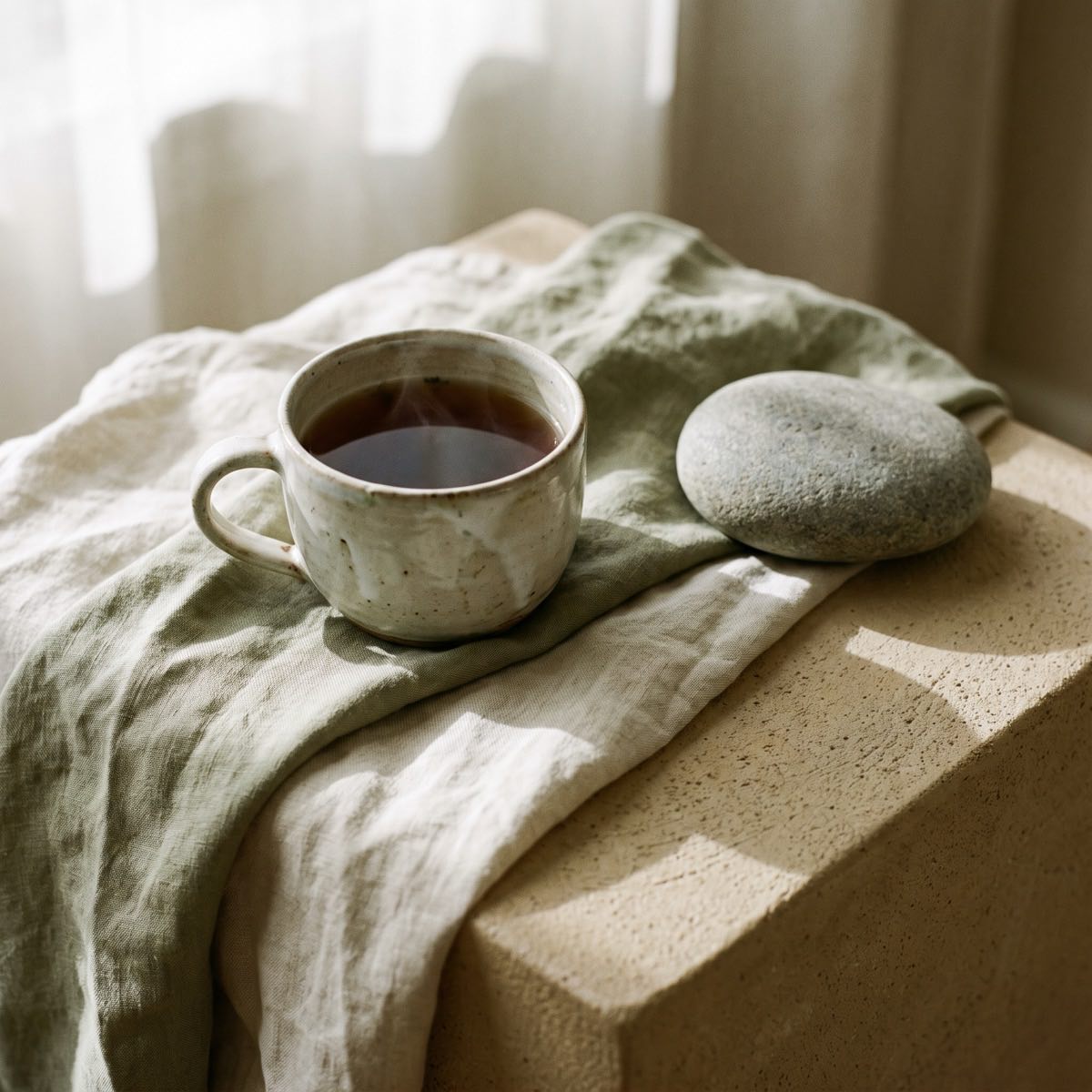 Teetasse, Leinen und Stein als ruhiges Stillleben