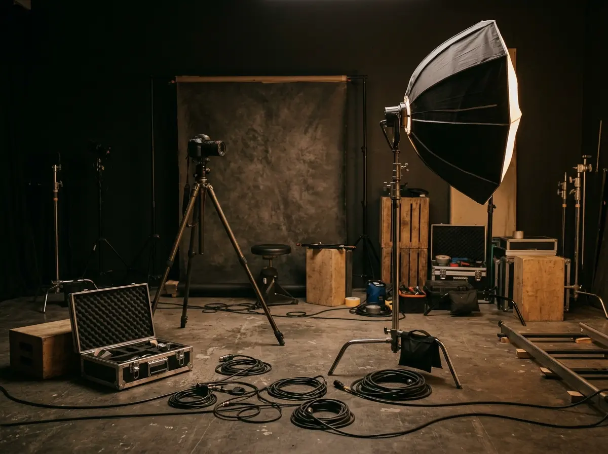 Leeres Fotostudio mit Hintergrundsystem, Stativ und Studioblitz