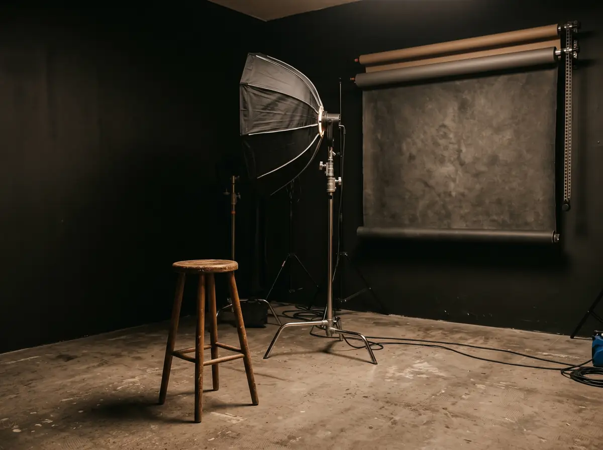 Leere Studioecke mit Softbox auf Stativ, Hocker und Hintergrundpapier