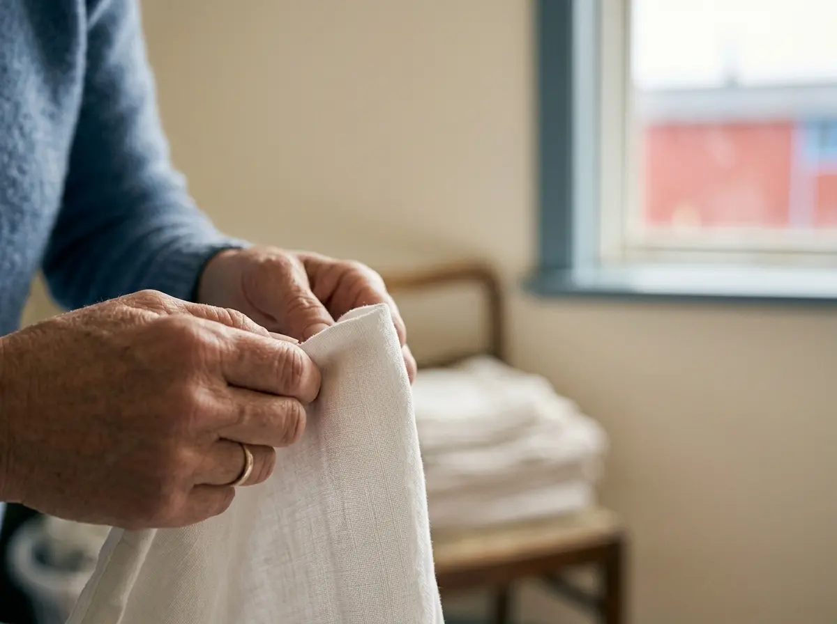 Hände falten frische Leinenwäsche für ein Gästezimmer