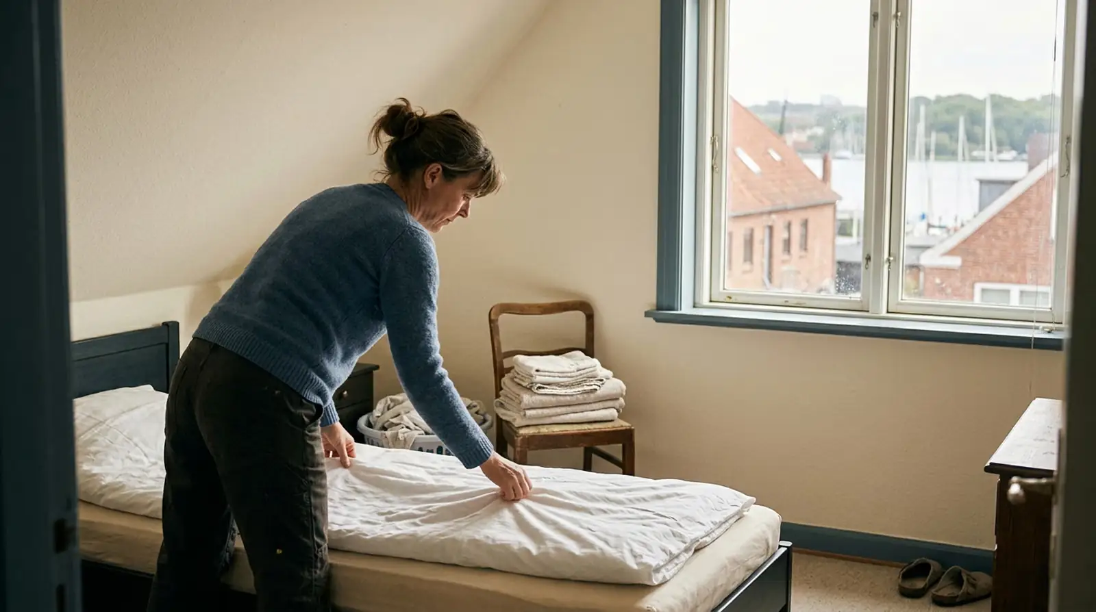 Gastgeberin zieht in einem Gästezimmer das Bett auf, daneben ein Fenster zum Hafen